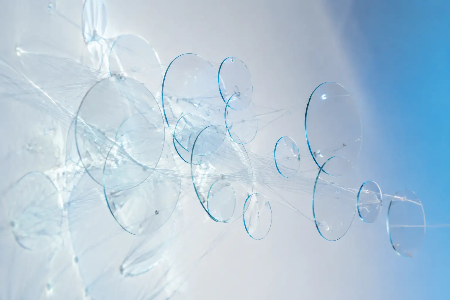 Minimal clear glass discs joined by fine threads in a bright open field