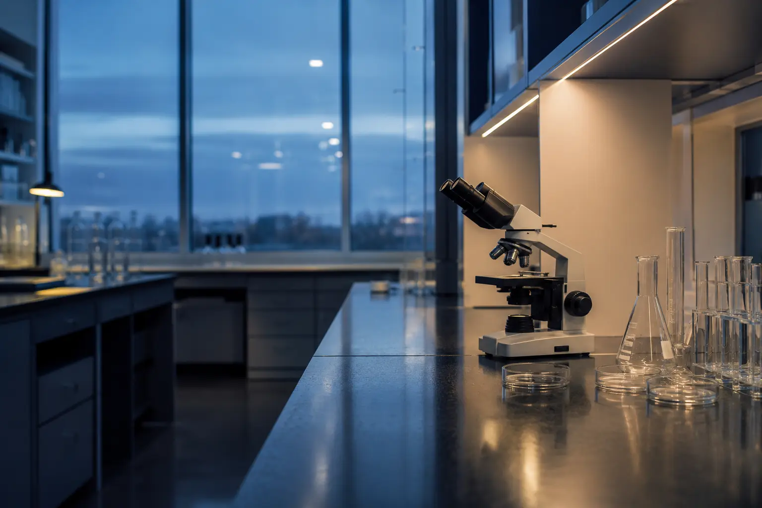 Unoccupied modern research bench with neutral glassware and microscope