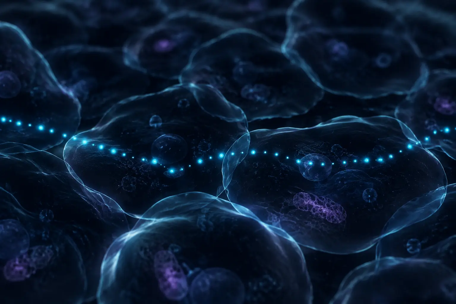 Translucent cell-like membranes linked by a line of cyan signals